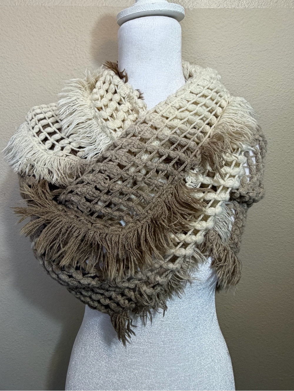 Steve Madden Neutral Boho Ombre Open-Knit Fringe Cowl Infinity Scarf – One Size